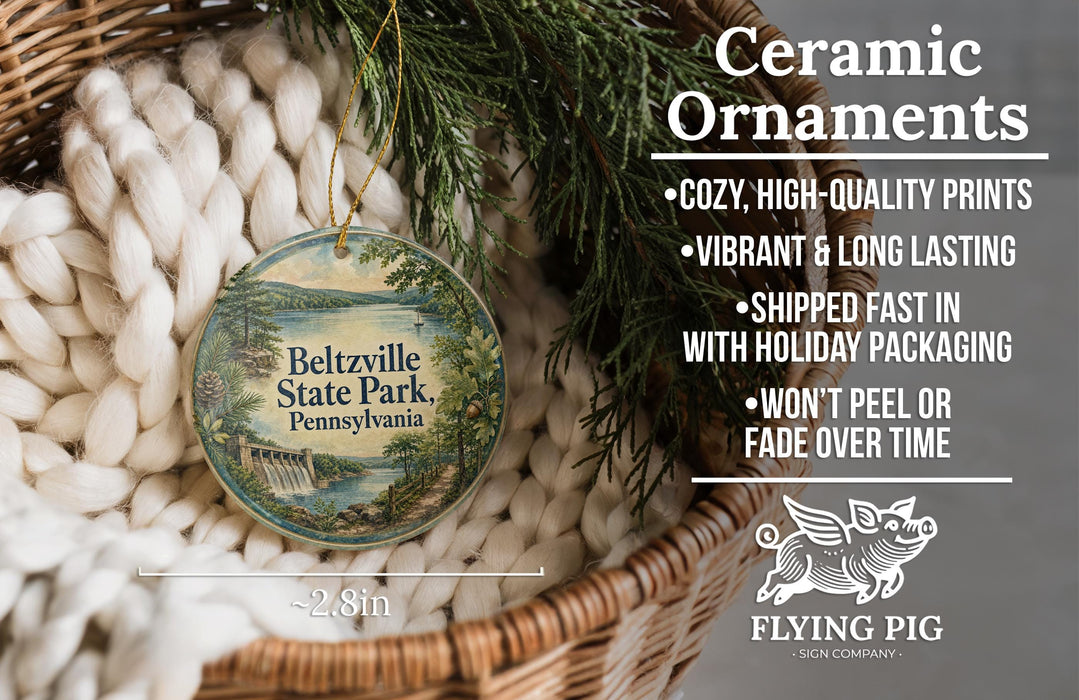 Ceramic ornaments, featuring a detailed image of Belzville State Park, Pennsylvania, hanging from a wicker basket.