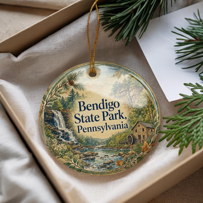 A decorative ornament with a scenic image of Bendigo State Park, Pennsylvania, hanging from a string.