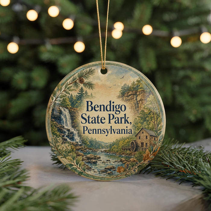 A round ornament with a scenic image of Bendigo State Park, Pennsylvania, featuring a waterfall, pine trees, and a house.