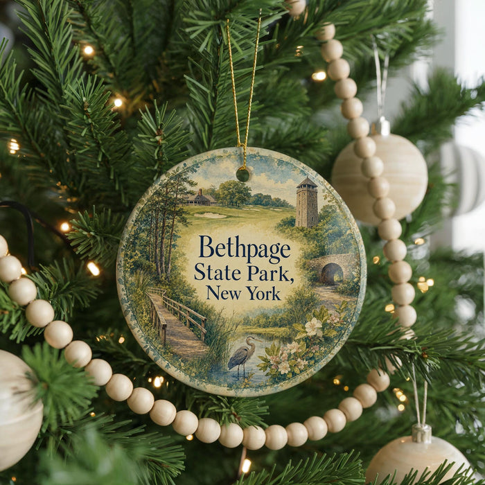 A round ornament hanging on a Christmas tree, featuring a scenic landscape with a bridge and a bird.