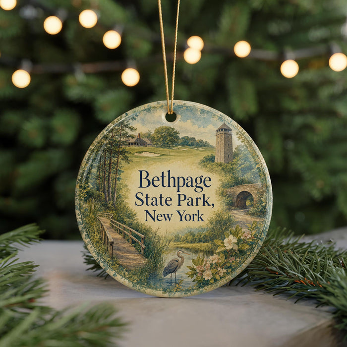 A round ornament with a painting of a park scene, featuring a bridge, trees, and a bird, hanging from a string.