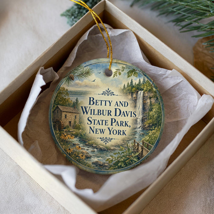 A decorative ornament in a box, featuring a scenic landscape with a waterfall and a house, along with the text "Betty and Wilbur Davis State Park, New York".