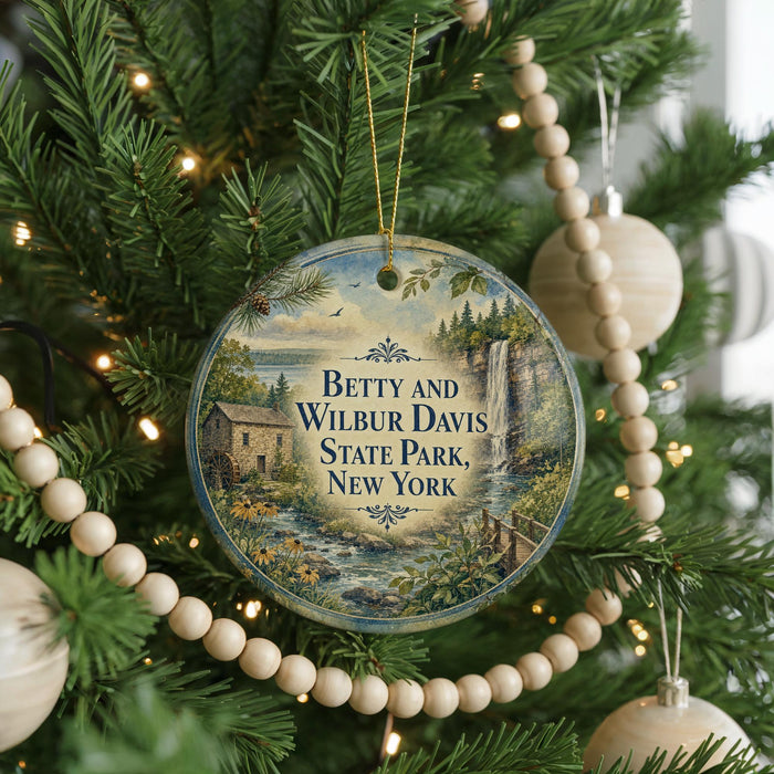 A round ornament hanging on a Christmas tree, featuring a scenic image of Betty and Wilbur Davis State Park in New York.
