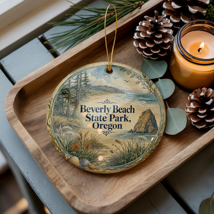 A round ornament with a scenic beach landscape and pine cones sits on a wooden tray, accompanied by a lit candle and pine cones.