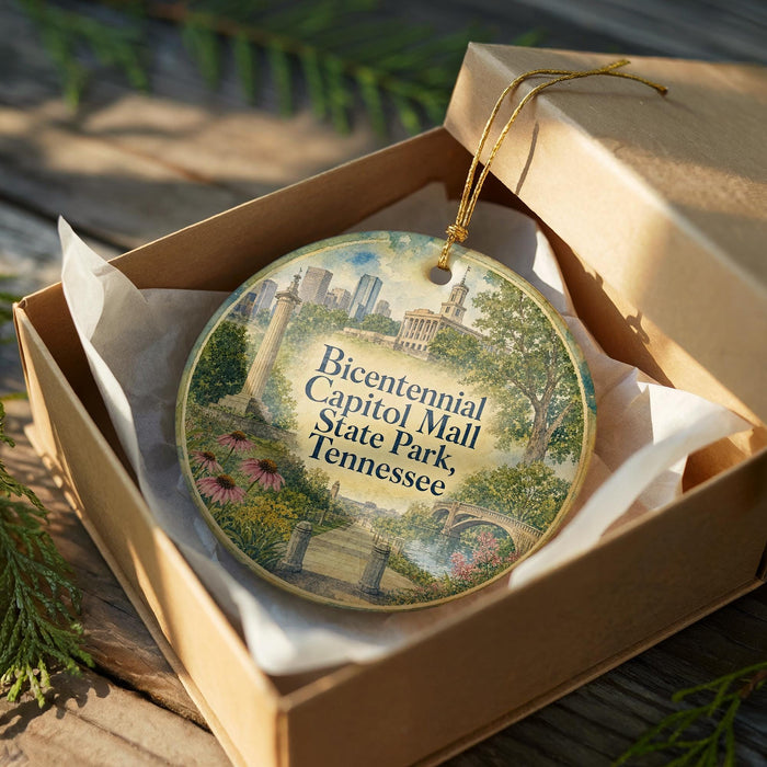 A decorative ornament in a box, featuring an illustration of Capitol Mall in Tennessee.