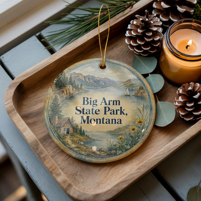 A wooden tray with a decorative ornament featuring a scenic landscape of Big Arm State Park, Montana, and pine cones.