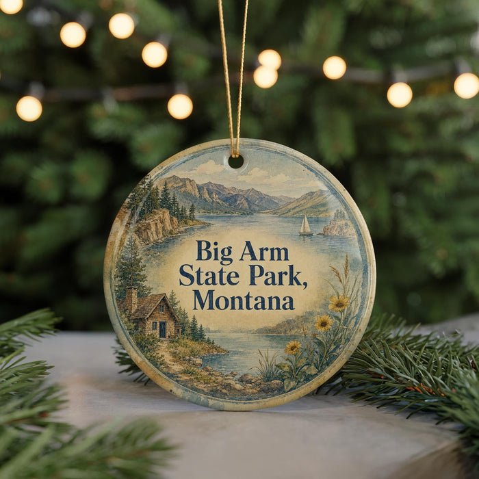 A round ornament with a scenic landscape of Big Arm State Park, Montana, featuring a cabin, mountains, and a lake.