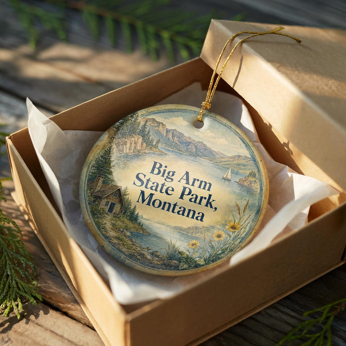 A decorative ornament in a wooden box, featuring a scenic landscape with mountains, a lake, and a cabin.