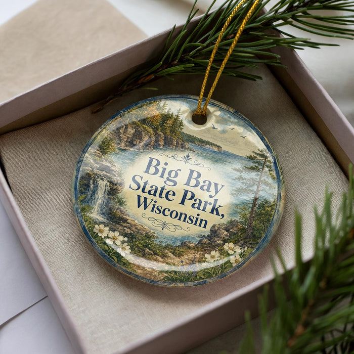A decorative ornament in a box, featuring a scenic landscape with a lake, mountains, and pine trees.