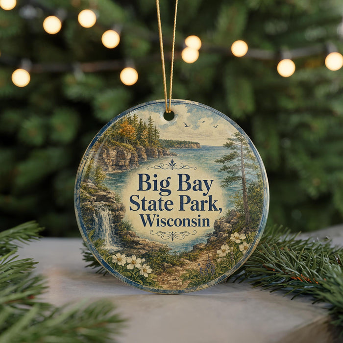 A round ornament with a scenic landscape of Big Bay State Park, Wisconsin, featuring a waterfall, pine trees, and a lake.