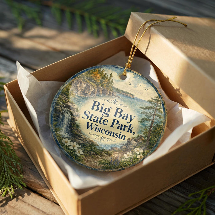 A decorative ornament in a box, featuring a scenic landscape with a waterfall and pine trees, with the text "Big Bay State Park, Wisconsin" printed on it.