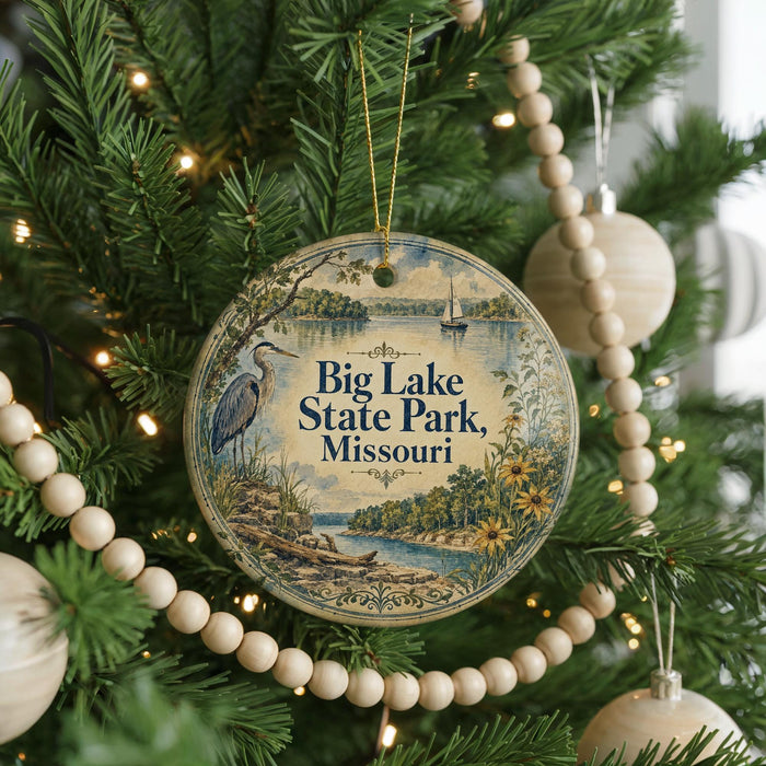A round ornament hanging on a Christmas tree, featuring a scenic image of Big Lake State Park in Missouri.