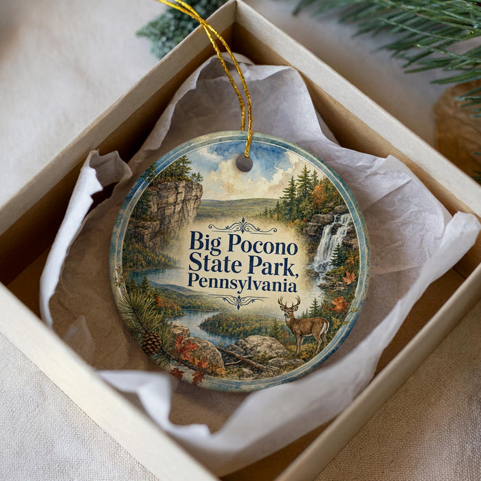 A decorative ornament in a box, featuring a scenic landscape with a waterfall, pine trees, and a deer.