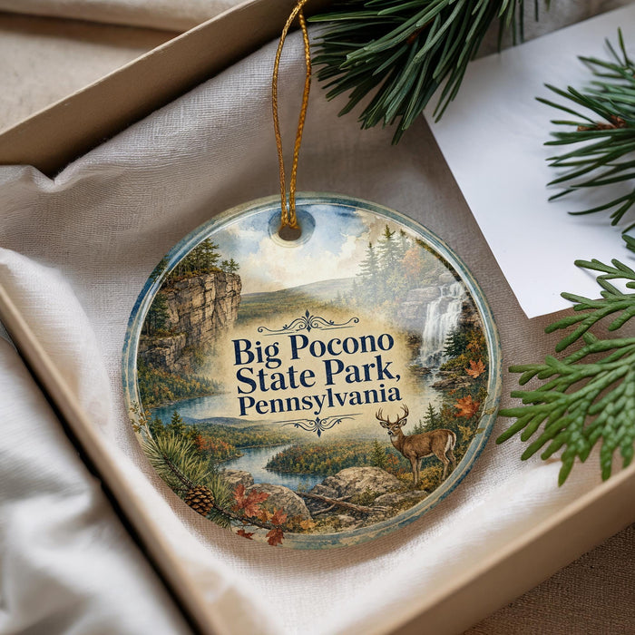 A decorative ornament with a scenic landscape of Big Pocono State Park, Pennsylvania, featuring a deer, pine trees, and a waterfall.