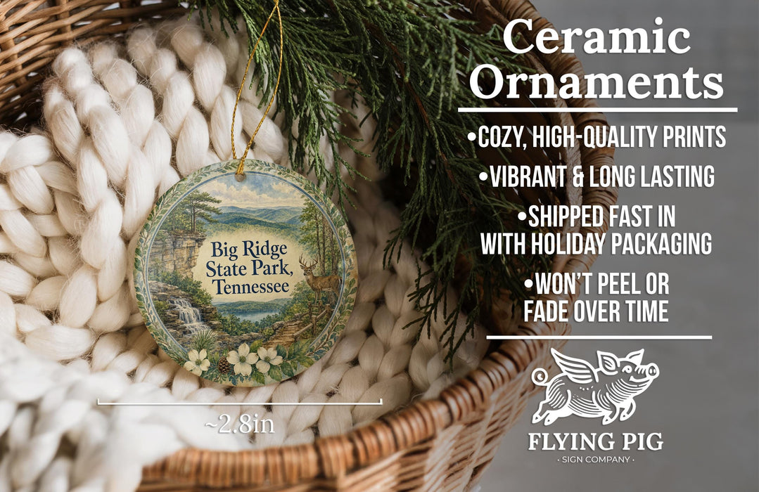 Ceramic ornaments, featuring a scenic image of Big Ridge State Park, Tennessee, hanging from a wicker basket.