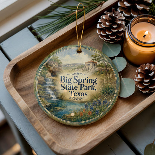 A wooden tray with a decorative ornament featuring a scenic image of Big Spring State Park, Texas, along with pine cones and a lit candle.