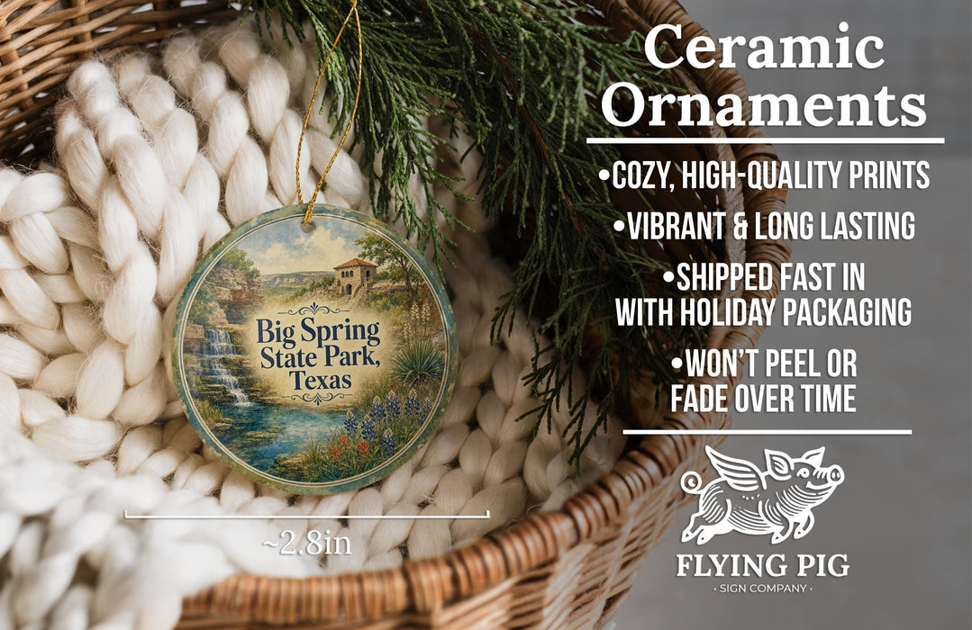 Ceramic ornaments, featuring a Texas state park scene, are displayed in a woven basket.