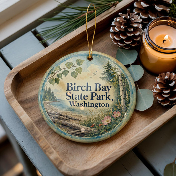 A wooden tray with a decorative ornament featuring a scenic landscape of Birch Bay State Park, Washington, and pine cones.