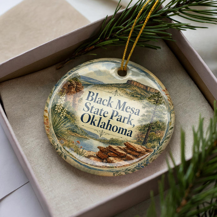 A decorative ornament in a box, featuring a scenic image of Black Mesa State Park, Oklahoma.