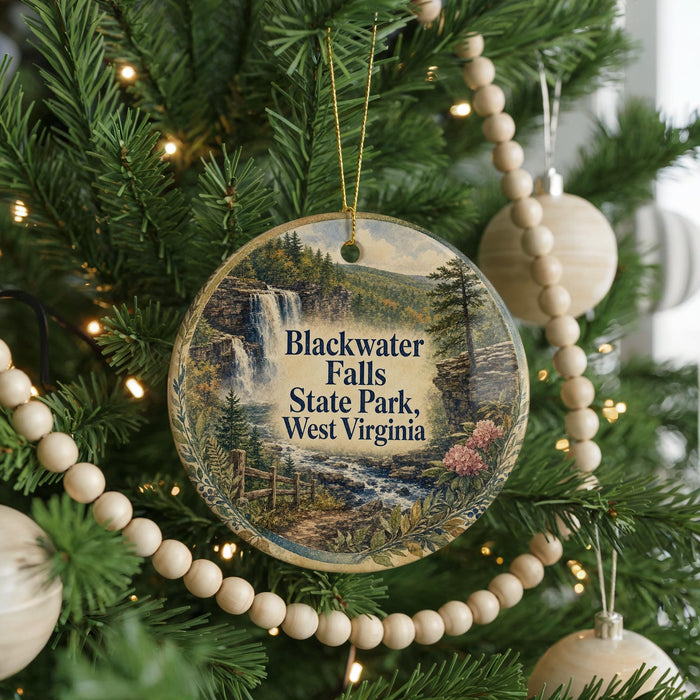 A Christmas tree decorated with ornaments, including a circular ornament with a scenic image of Blackwater Falls State Park, West Virginia.