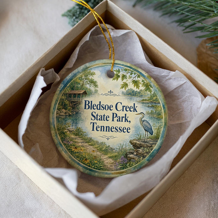A round ornament with a scenic image of a park, featuring a bird, a path, and a body of water, is displayed in a box.