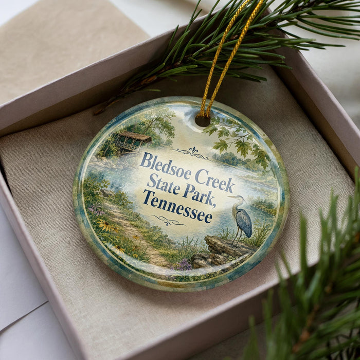 A decorative ornament with the text "Bledsoe Creek State Park, Tennessee" on it, placed in a box with pine branches.