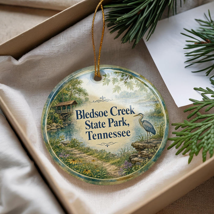 A decorative ornament with a scenic image of a lake, a bridge, and a bird, along with the text "Bledsoe Creek State Park, Tennessee".