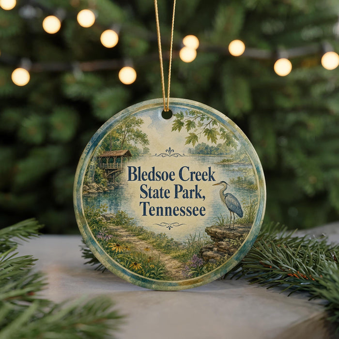 A round ornament with a painting of a bird and a path, surrounded by greenery, hangs in front of a blurred background with twinkling lights.
