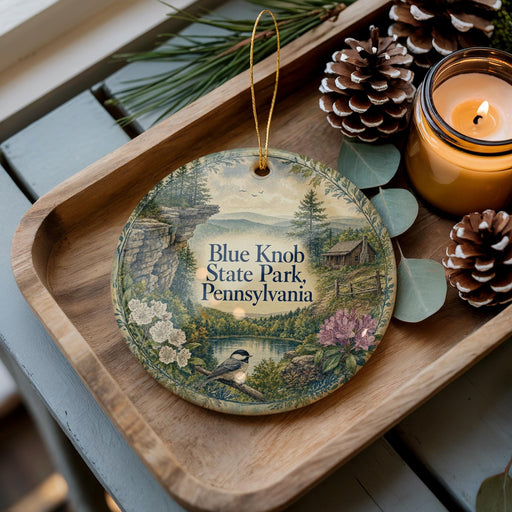 A decorative ornament featuring a scenic landscape of Blue Knob State Park, Pennsylvania, with pine cones, a candle, and greenery surrounding it.