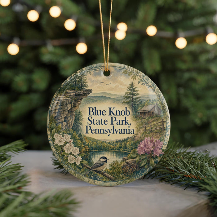 A decorative ornament featuring a scenic landscape with a bird, flowers, and a body of water, with the text "Blue Knob State Park, Pennsylvania" displayed prominently.