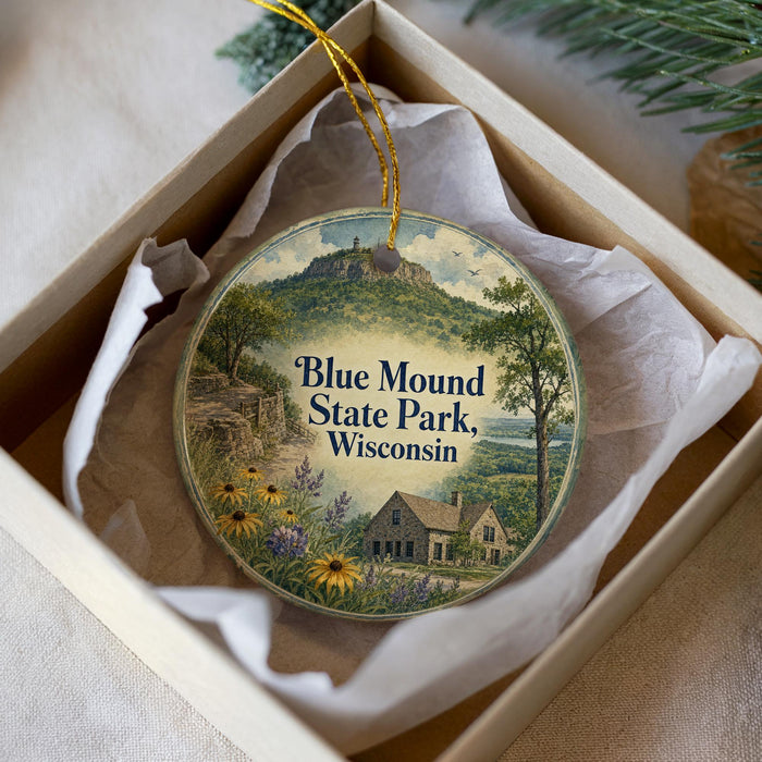 A round ornament with a scenic landscape of Blue Mound State Park, Wisconsin, displayed in a white box.
