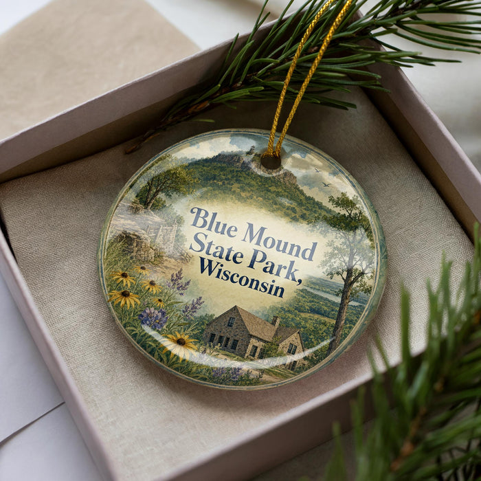 A decorative ornament in a box, featuring a scenic landscape with a house, trees, and mountains.