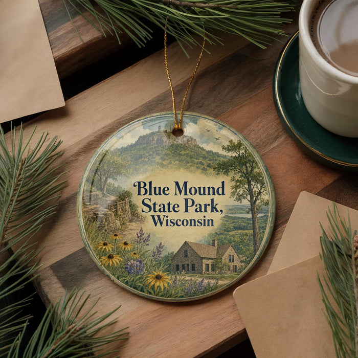 A decorative ornament featuring a scenic landscape of Blue Mound State Park, Wisconsin, with a house and trees in the foreground.