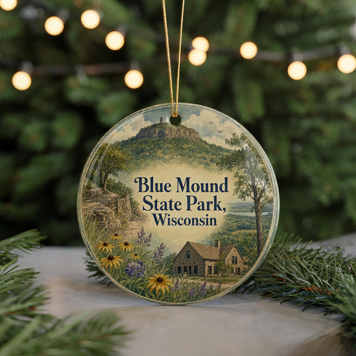 A round ornament with a scenic landscape of a mountain, trees, and a house, featuring the text "Blue Mound State Park, Wisconsin" on it.