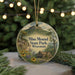 A round ornament with a scenic landscape of a mountain, trees, and a house, featuring the text "Blue Mound State Park, Wisconsin" on it.
