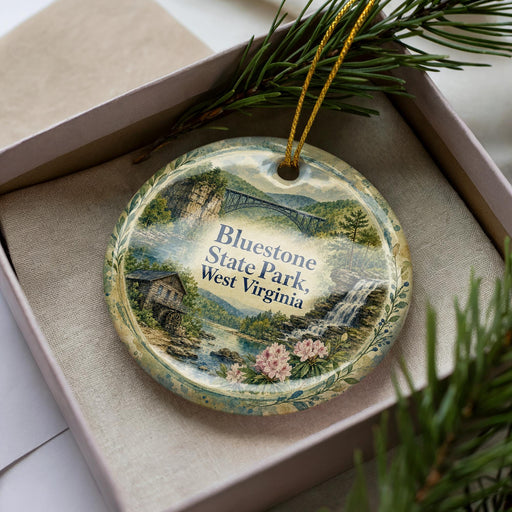 A decorative ornament in a box, featuring a scenic landscape with a bridge, waterfalls, and pine trees.
