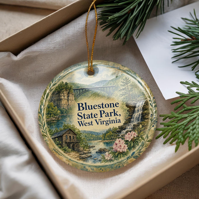 A decorative ornament with a scenic landscape of Bluestone State Park, West Virginia, featuring a waterfall and a bridge.