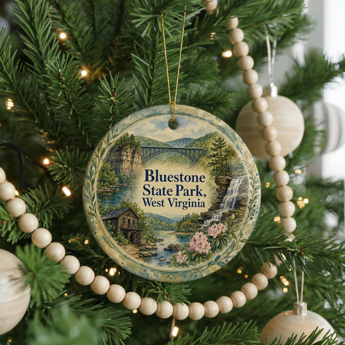 A round ornament hanging on a Christmas tree, featuring a scenic image of Bluestone State Park in West Virginia.