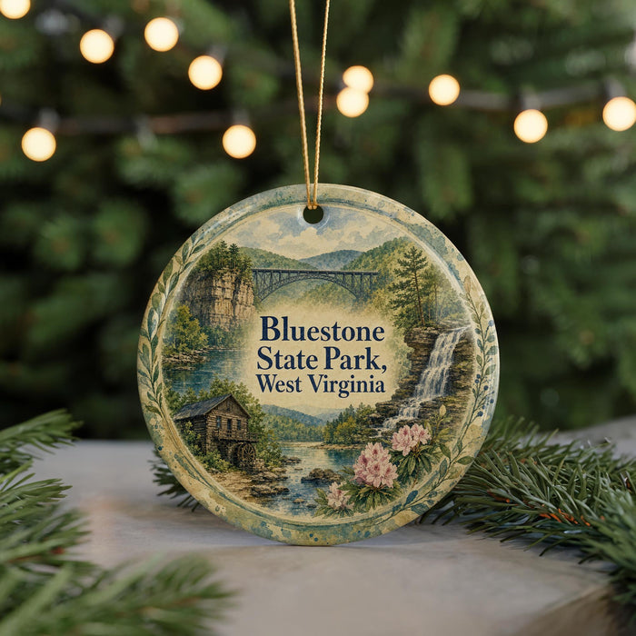 A decorative ornament featuring a scenic landscape with a bridge, waterfall, and pine trees, with the text "Bluestone State Park, West Virginia" prominently displayed.