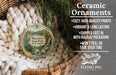 Ceramic ornaments, featuring a scenic image of Bluestone State Park, West Virginia, hanging in a basket with pine branches.