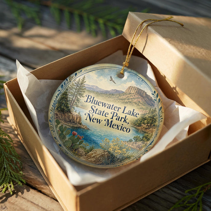 A decorative ornament in a box, featuring a scenic landscape with mountains, trees, and a lake, with the text "Bluewater Lake State Park, New Mexico" printed on it.