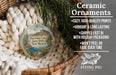 Ceramic ornaments, featuring a scenic image of Bluewater Lake State Park, New Mexico, hanging from a wicker basket.