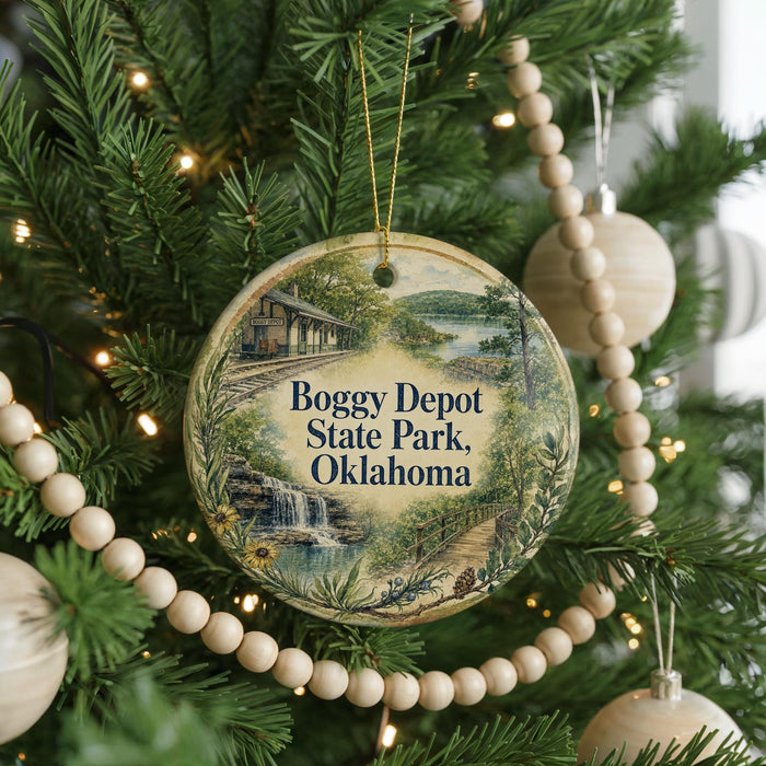 A circular ornament hanging on a Christmas tree, featuring an illustration of a train and a scenic landscape.