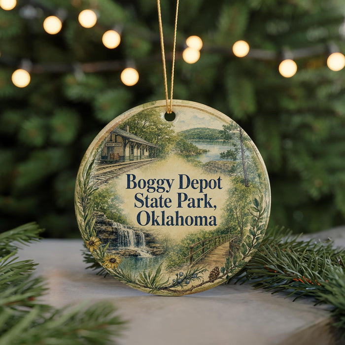 A circular ornament with a scenic image of a train station and a waterfall, surrounded by greenery, hangs in front of a Christmas tree with twinkling lights.