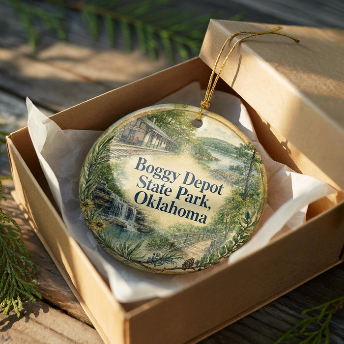 A circular ornament in a box, featuring a scenic image of Boogy Depot State Park in Oklahoma.
