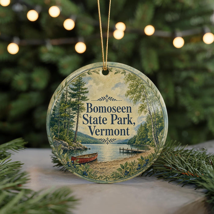 A round ornament with a scenic image of a lake and trees, surrounded by greenery, hangs in front of a Christmas tree with twinkling lights.