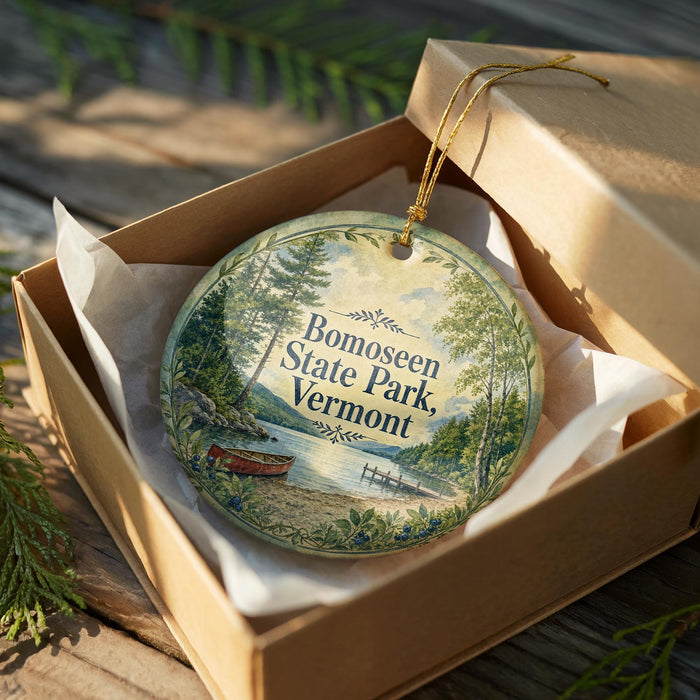 A round ornament in a box, featuring a scenic image of a lake and forest, with the text "Bomoseen State Park, Vermont" printed on it.