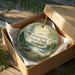 A round ornament in a box, featuring a scenic image of a lake and forest, with the text "Bomoseen State Park, Vermont" printed on it.