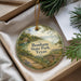 A decorative ornament with a scenic landscape of Bonham State Park, Texas, featuring a path, a body of water, and a small building.
