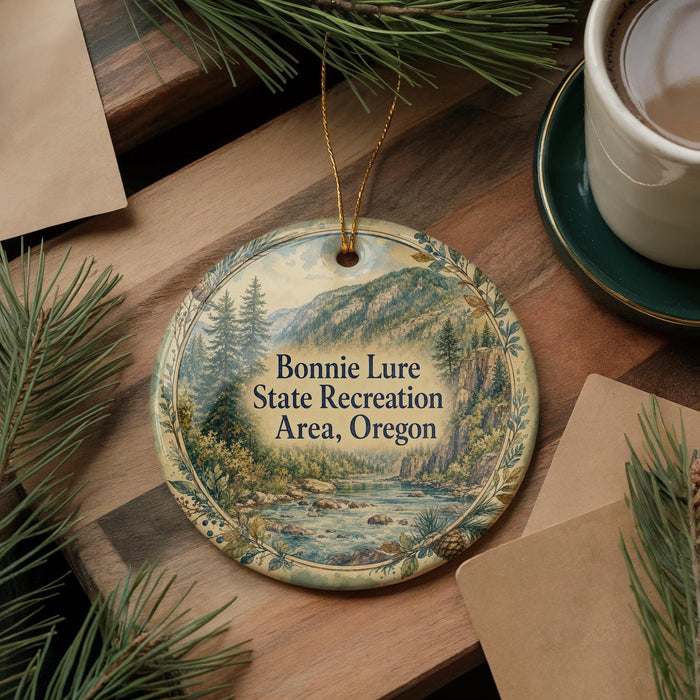 A round ornament with a scenic mountain landscape and a river, hanging on a wooden surface.